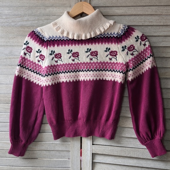 Janie and Jack Burgundy and Cream Floral Turtleneck Sweater. Size 7. Great Cond - Picture 2 of 11